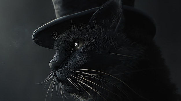 A black cat wearing a top hat is looking to the right of the frame The cat is in focus and the background is out of focus