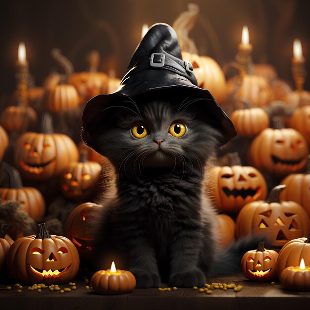 Photo black cat wearing a witch hat halloween cat