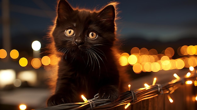 アーチ状の背中と輝く目をした黒猫が座っているハロウィーンの背景 Ai が生成
