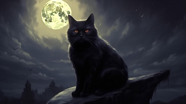 A black cat with arched back sitting on the moon