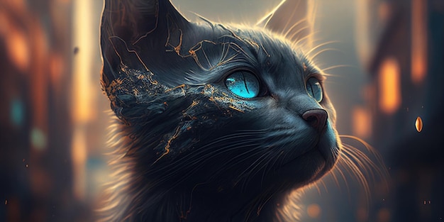 A black cat with blue eyes and a golden glow on its face.