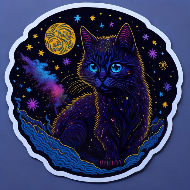 A black cat with blue eyes is on a blue background with stars and the moon.