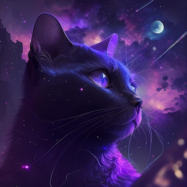 A black cat with blue eyes is looking up at the moon.