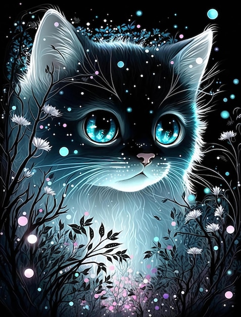 A black cat with blue eyes is surrounded by flowers.