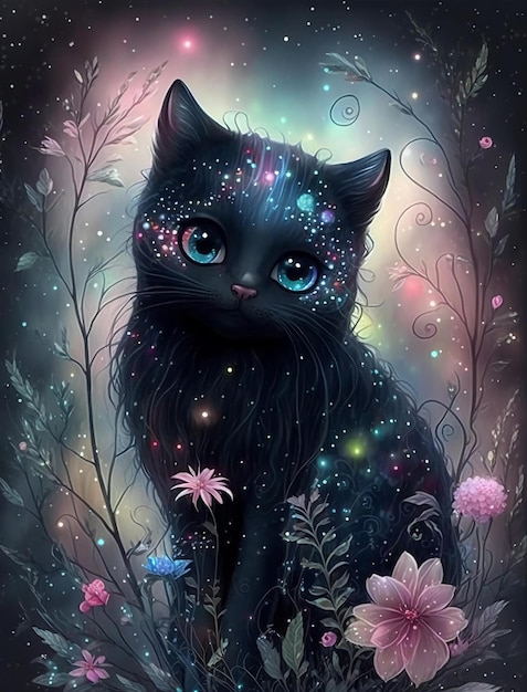 파란 눈을 가진 검은 고양이가 꽃이 만발한 초원에 앉아 있습니다.