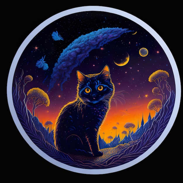 파란 꼬리를 가진 검은 고양이가 배경에 달과 별이 있는 들판에 앉아 있습니다.