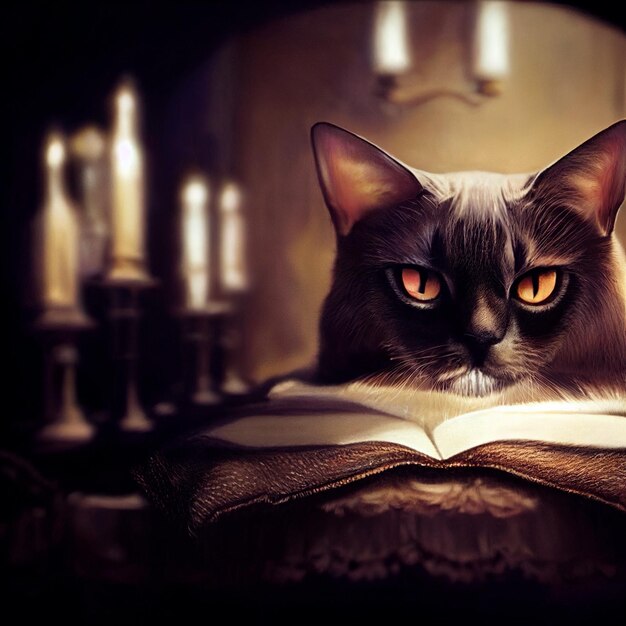 Black cat with a book illustration