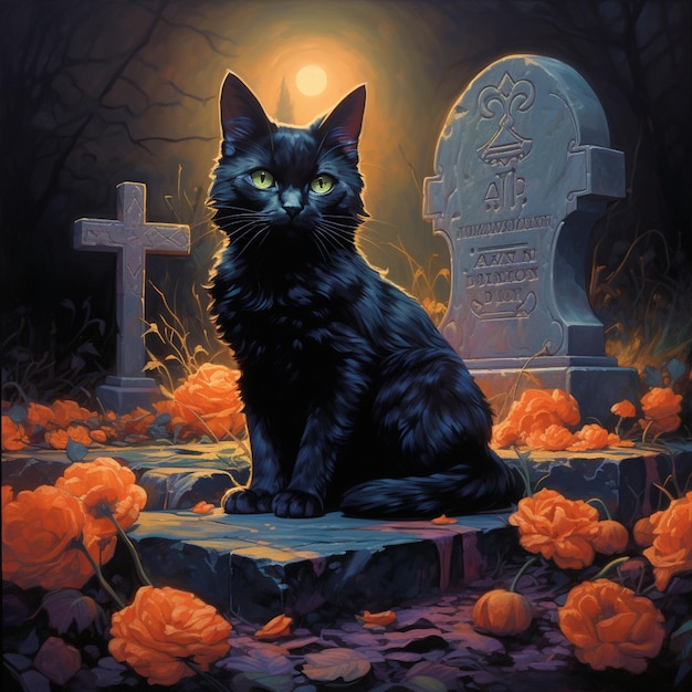 a black cat with bright green eyes sits in a cemetery