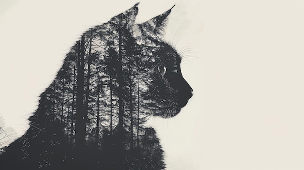 Photo a black cat with a double exposure of a forest of pine trees the cat is looking to the right of the frame the image is in black and white