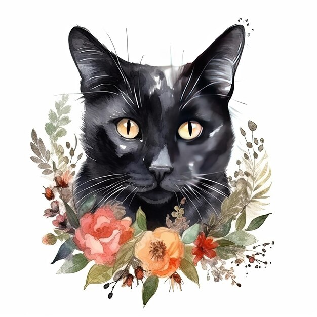 꽃을 든 검은 고양이가 사진에 있습니다.