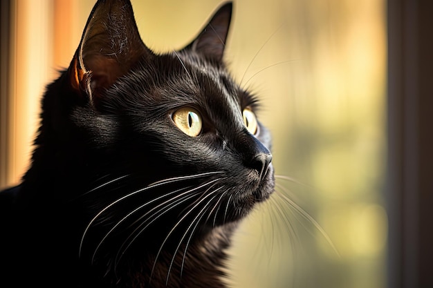 black cat with fur and bright eyes gracefully positioned in a sunlit room