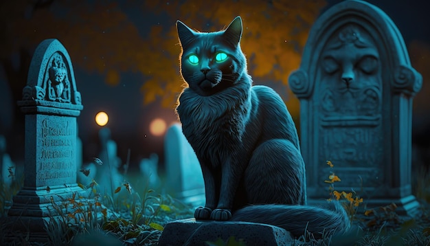 A black cat with glowing blue eyes sits in a cemetery.