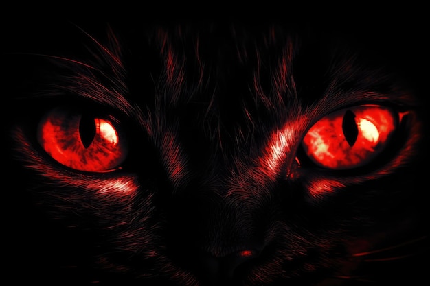 A black cat with glowing eyes is looking at the camera.