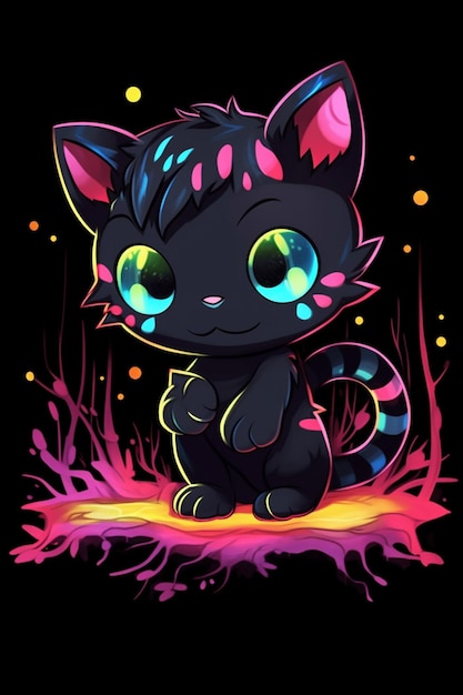 черная кошка с светящимися глазами сидит на красочной поверхности