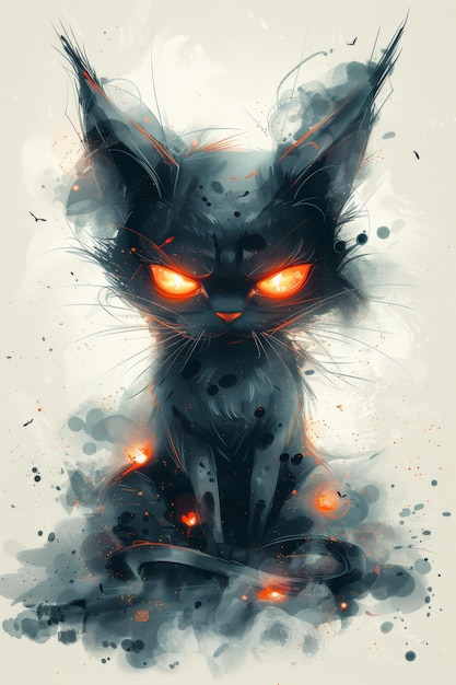 Черная кошка с светящимися глазами сидит