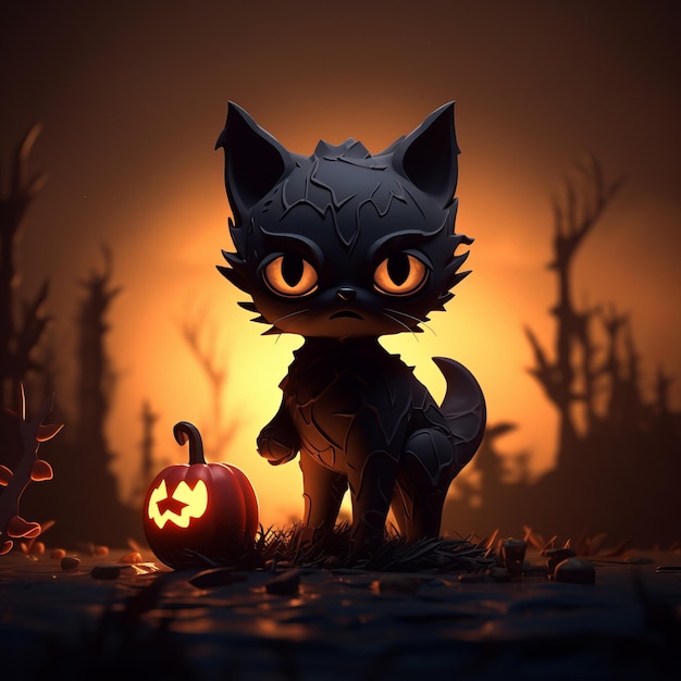 A black cat with glowing eyes standing in front of a halloween pumpkin