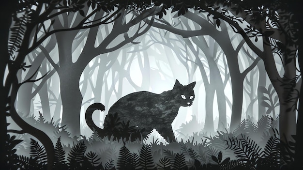 빛나는 눈을 가진 검은 고양이는 어두운 숲에 서 있습니다. 고양이는 전면에 있고 숲은 배경에 있습니다.