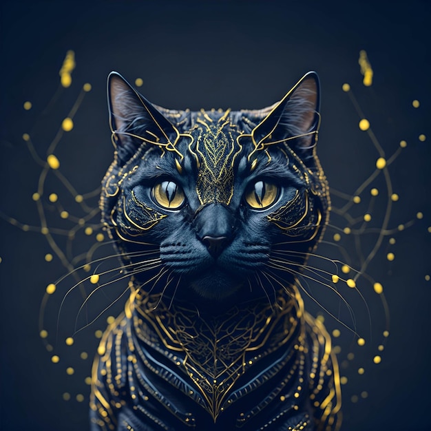Premium Photo | A black cat with gold and black designs and a black cat  with yellow eyes.