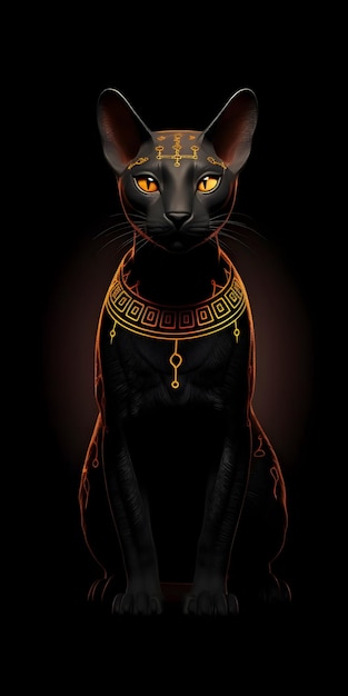 A black cat with gold eyes and gold beads on its neck