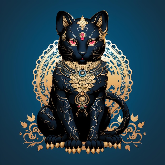 Черная кошка с золотым головным убором сидит на синем фоне.