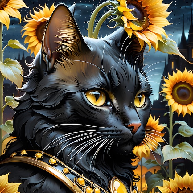 a black cat with a gold necklace and a necklace of flowers