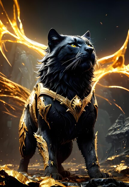 A black cat with gold wings and a gold chain around its neck