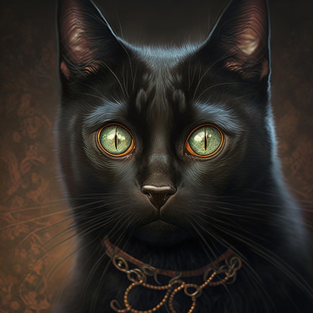 A black cat with green eyes and gold chain around its neck.