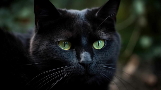 A black cat with green eyes is sitting in a garden.