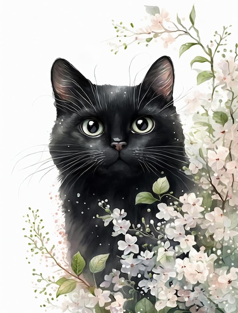 녹색 눈을 가진 검은 고양이가 꽃이 만발한 정원에 서 있습니다.