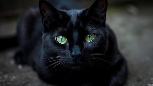 A black cat with green eyes sits on the ground.