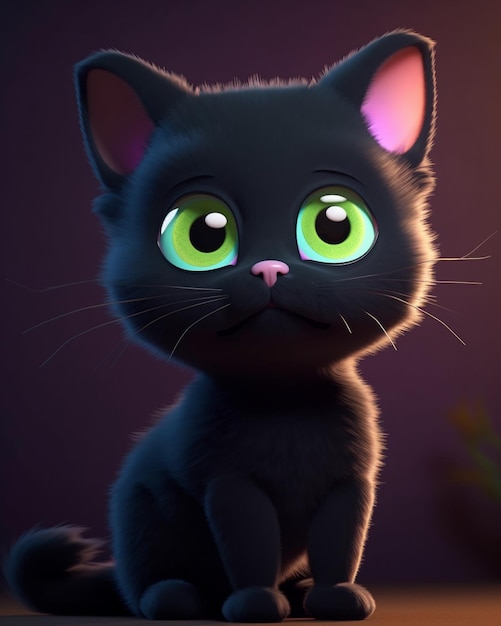 A black cat with green eyes sits on a purple background.