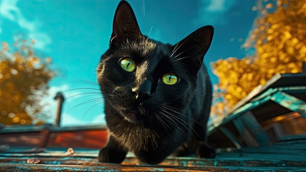 A black cat with green eyes stands on a porch.