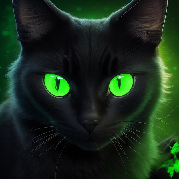 Photo black cat with green glow eyes