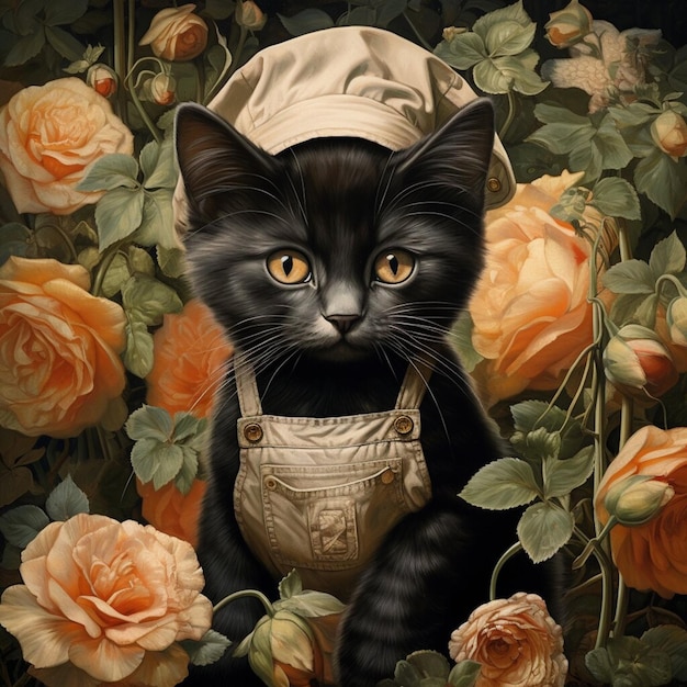 Foto un gatto nero con un cappello sulla testa e un cappelli che dice che il gatto indossa un cappellino