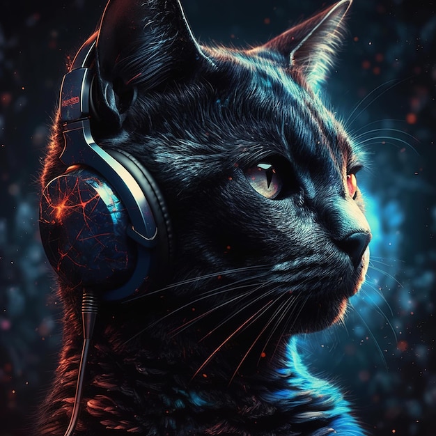 A black cat with headphones on