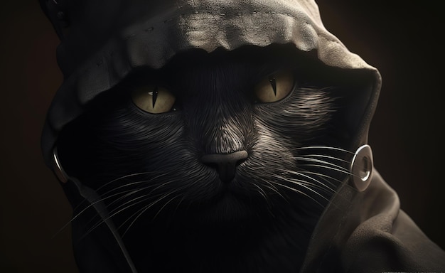 A black cat with a hood and a ring on it.