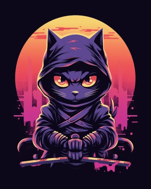 a black cat with a hoodie and a knife in front of a sunset generative ai