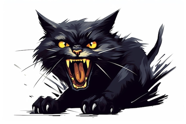 A black cat with its mouth open