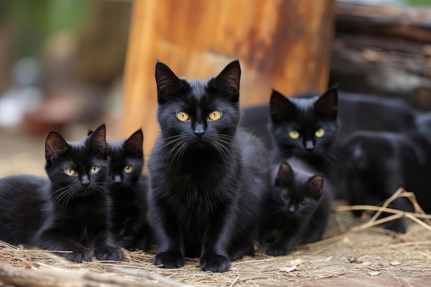 生まれたばかりの子猫を飼う黒い猫