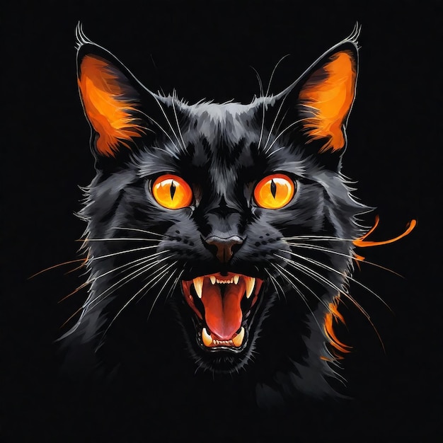 a black cat with orange eyes and a black background