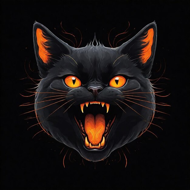 a black cat with orange eyes and a black background