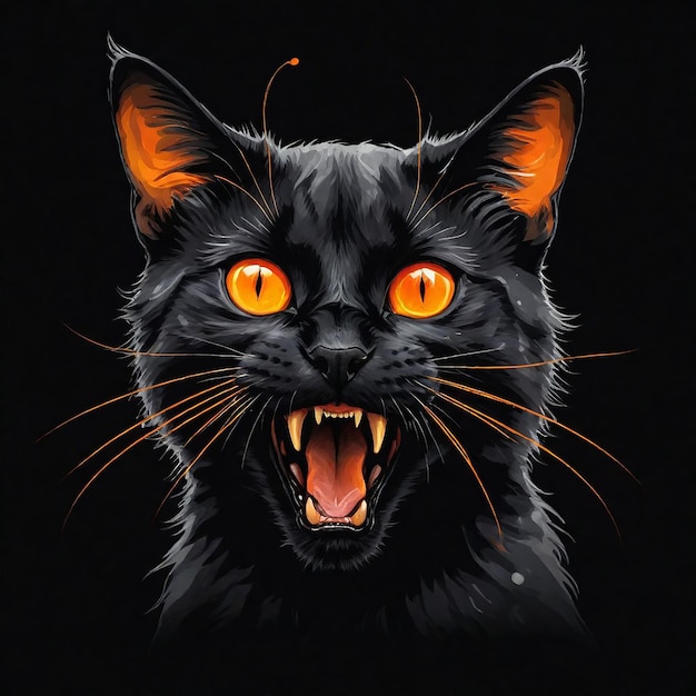 a black cat with orange eyes and yellow eyes