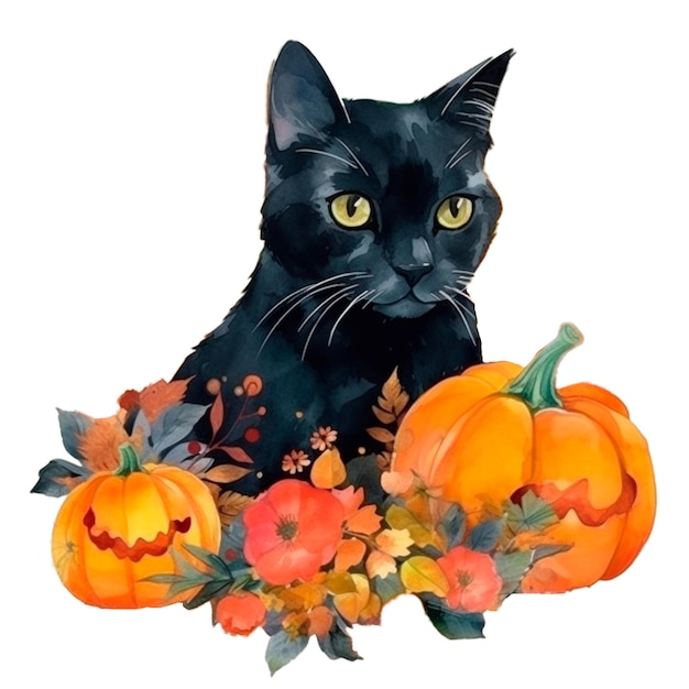 Черная кошка с оранжевой тыквой Хэллоуин AI генерирующая акварель изолированная иллюстрация