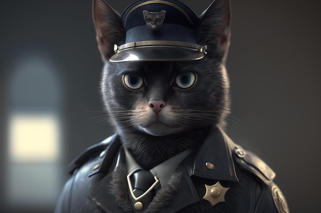 A black cat with a police officer on his uniform.