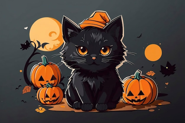 Black Cat with a Pumpkin Head in Cartoon Doodle Style