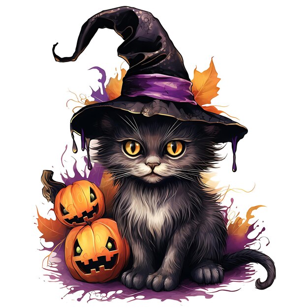 Фото Черная кошка с тыквой иллюстрация хэллоуина