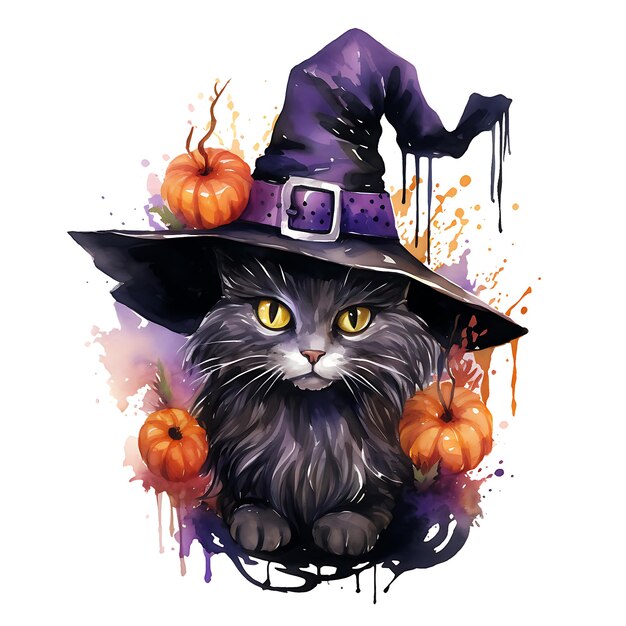 Фото Черная кошка с тыквой иллюстрация хэллоуина
