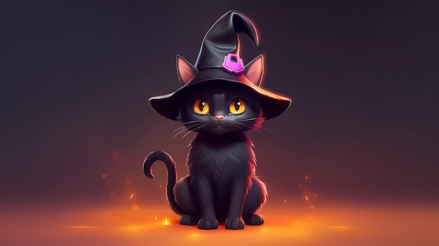 A black cat with a purple witch hat