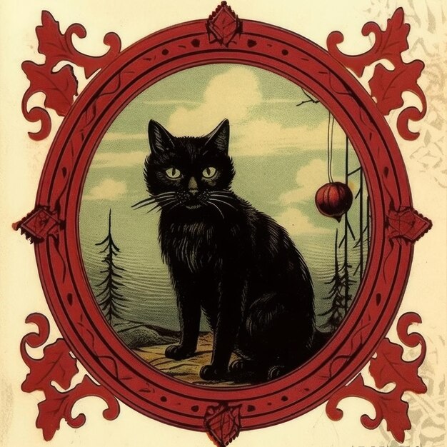 a black cat with a red circle in the middle of it