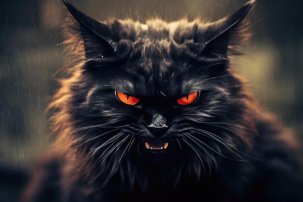 a picture of an angry black fuzzy cat with yellow